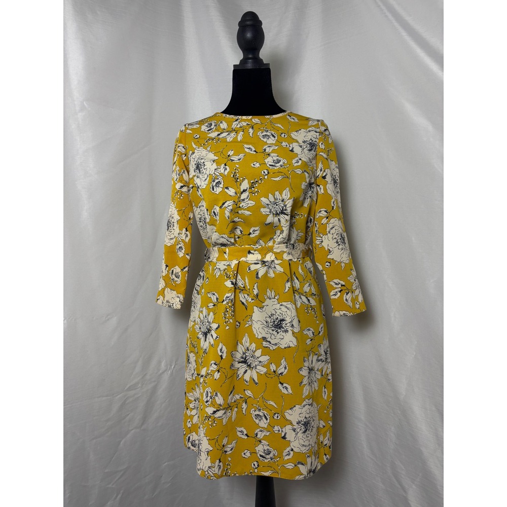 Primark Mustard Yellow Floral 3/4 Sleeve Tie Waist Midi Dress Womens Size 4
